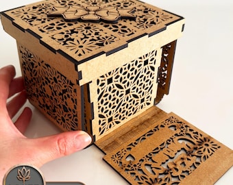 May include: A wooden box with a floral design and a hinged lid. The lid is open and the inside of the box is visible. The box is made of laser-cut wood and has a delicate floral pattern.