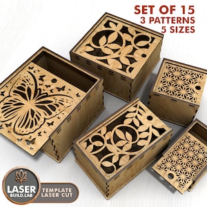 Set 15 Caja de archivos cortada con láser con tapa Svg para láser, caja de madera cortada con láser y plano de caja láser, archivo láser de caja de regalo y contenedor láser Svg / #108