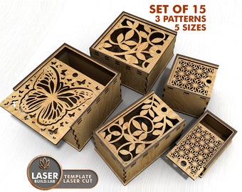 Set 15 Laser Cut File Box with Lid Svg for Laser, Laser Cut Wood Box and Laser Box Plan, Gift Box Laser File and Laser Container Svg | #108