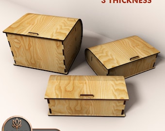 May include: Set of three wooden boxes in different sizes. The boxes have lids and are made of light wood. The text "SET OF 3 SIZES 3 THICKNESS" is at the top of the image.