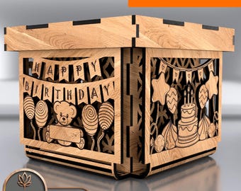 May include: A laser-cut wooden birthday box with the words "HAPPY BIRTHDAY" and a teddy bear design. The box features cut-out designs of balloons, a cake, and stars. The text "SET OF 7" is in the top right corner.