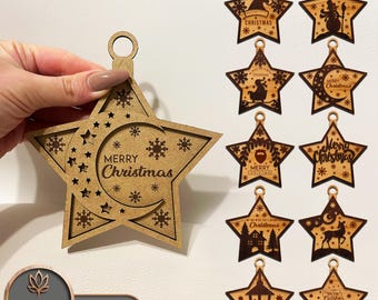 May include: Ten laser cut wooden star ornaments with various Christmas designs. The ornaments are brown and feature designs such as a crescent moon, a reindeer, a snowman, a house, and a lantern. The text "Merry Christmas" appears on several of the ornaments.