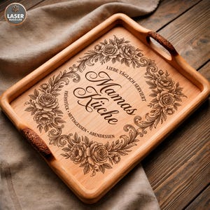 Schneidebrett Gravur für Muttertag mit floraler Verzierung und Küchenspruch