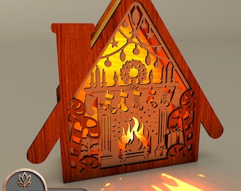 May include: A wooden laser cut house with a fireplace, stockings, and a wreath. The house is lit from inside, creating a warm glow.