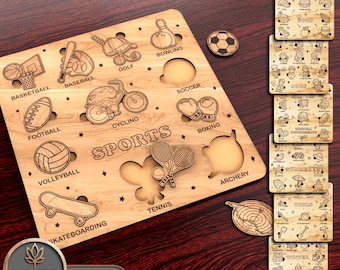 May include: A wooden puzzle board featuring 12 different sports icons, including basketball, baseball, golf, bowling, football, cycling, boxing, volleyball, skateboarding, tennis, and archery. The board is labelled "SPORTS" and "SET OF 7".