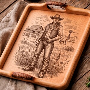May include: Wooden serving tray with a carved illustration of a cowboy in a field with a barn, windmill, and horse. The tray has handles with a decorative, carved design.