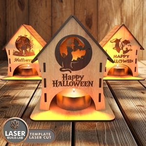 Lanterna tagliata al laser per lampada di Halloween, portacandele con file laser di Halloween, file Glowforge per lumini da tè, portalampada per la casa con laser Svg Vector / #139