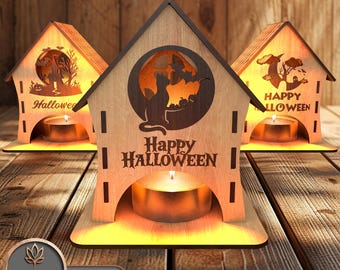 Halloween Lamp Laser Cut Lantern, Halloween Laser File Candle Holder, Tea Light Glowforge Files, Home Light Holder Laser Svg Vector | #139