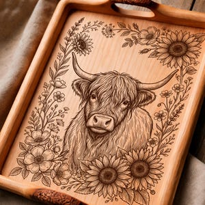 May include: Wooden serving tray with a detailed engraving of a Highland cow surrounded by sunflowers and floral elements. The tray has integrated handles and a natural wood finish, perfect for serving or display.