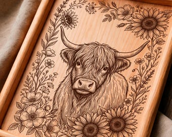 Highland Cow Tray SVG, Floral Cutting Board Engraving File, Wood Burn Rustic Kitchen Gift | #3015