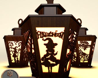 Halloween Lantern Laser Cut, Halloween Candle Holder Laser Cutting, Glowforge Svg File, Glowforge Lamp Lasercut Files, Table Lamp Svg | #129