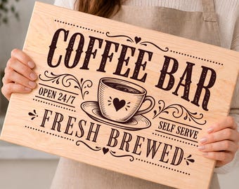 Coffee Bar SVG Laser Engraving File, Fresh Brewed Kitchen Sign, Wood Burning Design, Farmhouse Coffee Decor | #3020