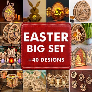 Könnte beinhalten: Eine Sammlung von lasergeschnittenen Osterdekorationen aus Holz, darunter eiförmige Laternen, Hasenfiguren und Eierornamente. Die Designs weisen aufwendige Ausschnitte auf und werden mit warmem Licht beleuchtet. Der zentrale Text lautet "EASTER BIG SET +40 DESIGNS."