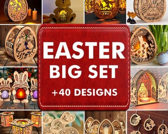 May include: A selection of laser-cut wooden Easter decorations, including egg-shaped lanterns, bunny figures, and egg ornaments. The designs feature intricate cutouts and are illuminated with warm light, creating a festive display. The central image reads "EASTER BIG SET +40 DESIGNS."