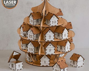 Advent Calendar Houses with Christmas Tree Laser Cut Files Svg for Glowforge Xtool Lightburn, Christmas Laser Cutting | #216