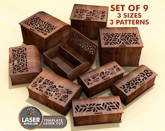 Set of 9 Laser Cut Box Svg Laser Cutter Box and Box Lasercut, Box Template Svg and Xtool Files, Svg Files Glowforge Pattern Dxf Cnc | #107