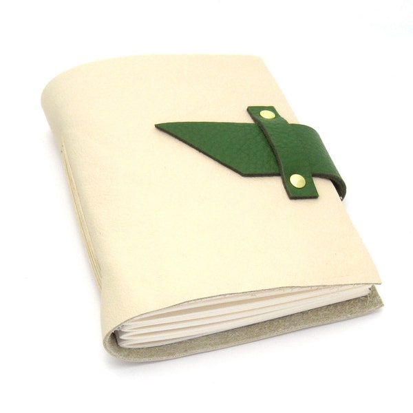 Green and Cream Leather Journal and Sketchbook, A Handmade Leather Journal in Winter White