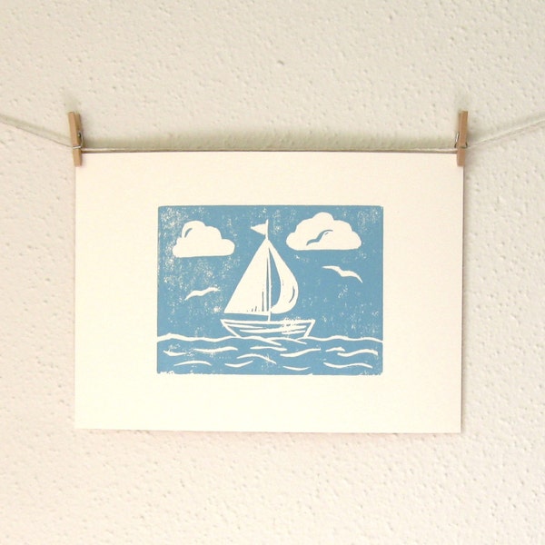 Nautical Sailboat Print, A Hand Pulled Linocut and Nautical Art