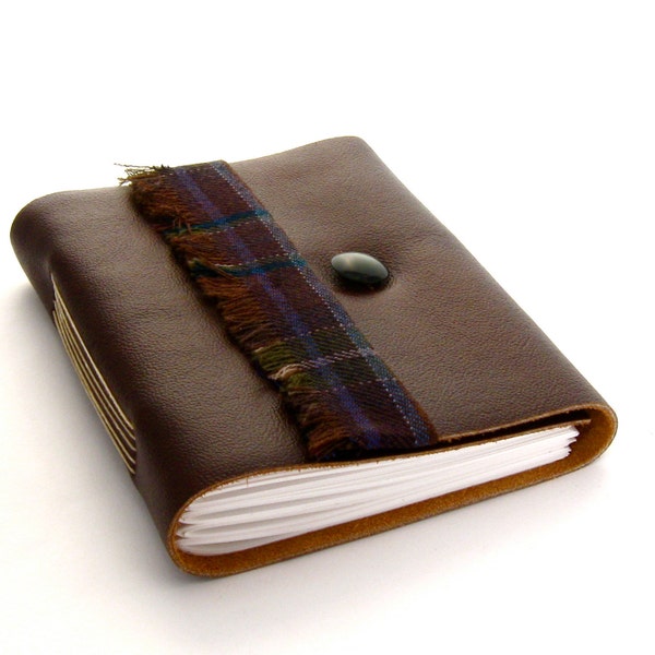 Handmade Brown Leather Journal and Sketchbook Trimmed with Plaid Wool Tartan