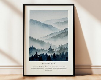 Proverbs 3:5-6 Printable Poster | Christian Faith Religious Home Decor Bible Verse Wall Art Green Forest Painting Landscape Scripture Print