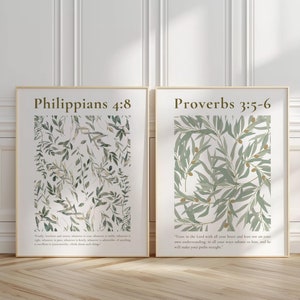 May include: Two printable wall art prints with a green leafy pattern and white background. The prints feature the Bible verses Philippians 4:8 and Proverbs 3:5-6.
