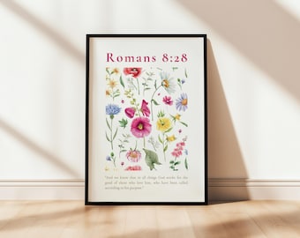 God works for the good | Romans 8:28 Field Flowers Matisse Colorful Printable Poster Rustical Christian Home Decor Bible Verse Wall Art Pink