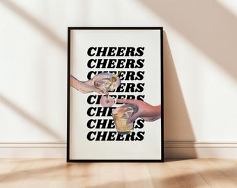 Proost print, toast digitale download print, trendy muurkunst, retro barwagen poster, keukendecor, afdrukbare kunst, bord wijnglas, champagne