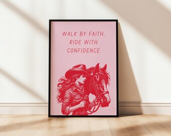 Walk By Faith Ride With Confidence Cowgirl Horse Pink Red Christian Printable Wall Art Bible Instant Modern Poster Howdy Western Decor Home