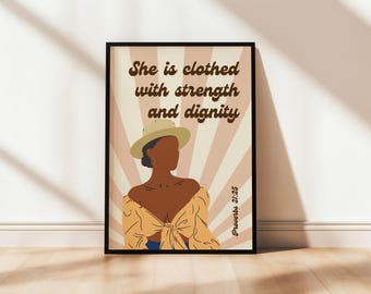 Proverbs 31:25 Printable Poster for Teen She Is Clothed With Strength And Dignity | Retro Bible Verse Wall Art Scripture Digital Download