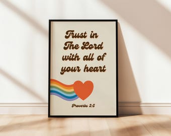Afdrukbare poster Spreuken 3:5 voor kinderen | Vertrouw met heel je hart op de heer Retro rode regenboog print christelijk gelukkig digitale download