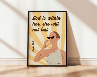 Psalm 46:5 God is in haar, ze zal niet vallen | Bijbelvers poster voor kinderen tiener meisje vrouw gezicht print christelijke muur kunst retro interieur:
