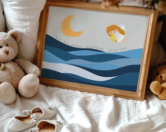 You Are Always Protected, Little One Angel voor meisje horizontale afdrukbare poster kinderkamer muur decor maan boven zee cadeau voor pasgeboren