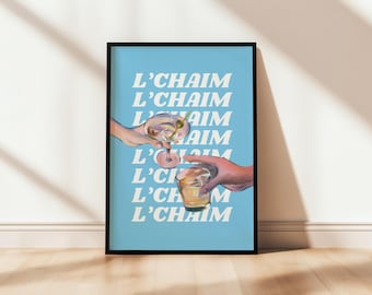 L'CHAIM | Hebrew Wall Art, Israel Home Decor, Minimalist Jewish Printable Poster, Blue & White, Typography Print, Mazel Tov Wavy, Cheers