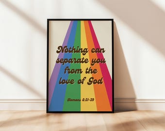 Romeinen 8:31-39 afdrukbare poster voor kinderen Niets kan je scheiden van de liefde van God Bijbelvers muurkunst kleurrijke regenboog retro christelijk