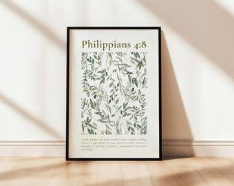 Whatever Is True | Neutral Olive Leaves Pattern Philippians 4:8 Bible Verse Scripture Printable Poster Christian Faith Home Decor Wall Art