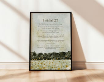 Tekstschildering Psalm 23 | Inspirerende christelijke muurkunst veld boslandschap digitale download pastel impressionistische bijbelvers poster