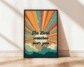 Psalm 121 afdrukken de heer waakt over je afdrukbare poster moderne kleurrijke muur kunst kleur tiener digitale download retro vreugde regenboog cartoon