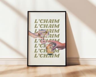 L'CHAIM Bar Sign  | Hebrew Wall Art, Israel Home Decor, Minimalist Jewish Printable Poster, Olive Green, Typography Print, Cheers Sign