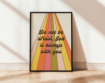 Jesaja 41:10 bijbelvers poster afdrukbare wees niet bang kleurrijke retro muur kunst regenboog kleur cartoon christelijk voor kinderen en tieners strip