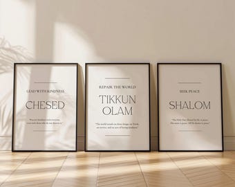 Set van drie Hebreeuwse posters | Tikkun Olam, Chesed, Shalom | Joodse muurkunst, Israël Home Decor, minimalistisch 3 afdrukbaar, typografieprint