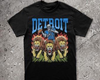 Camiseta de fútbol de Detroit, mercancía vintage de los Lions, camiseta con estampado de esqueleto, regalo para un aficionado al fútbol, camiseta pirata de los Lions