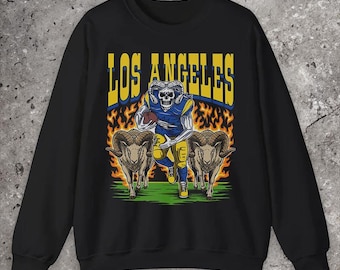 Sudadera vintage de fútbol americano de Los Ángeles - Cuello redondo con estampado de esqueleto, ideal para fans de los Rams, estilo retro.