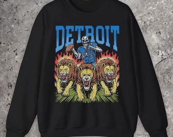 Sudadera de cuello redondo de Detroit Football, jersey vintage de los Lions, cuello redondo con estampado de esqueleto, regalo para aficionados al fútbol, jersey pirata de los Lions