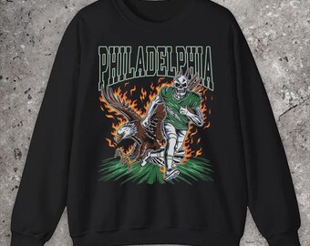 Sudadera de cuello redondo de fútbol americano de Filadelfia, jersey vintage de los Eagles, cuello redondo con estampado de esqueleto, regalo para aficionados al fútbol americano, suéter pirata de los Eagles