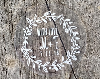 Clear Waterproof White Ink Label Stickers, Mason Jar or Favor Treat Bag Label, Wedding Favor Labels, Candle Sticker, Laurel Wreath Initials