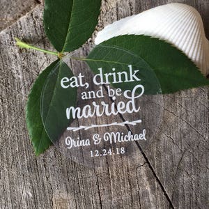 50 Clear Round Waterproof Mason Jar Mug or Favor Labels - White on Clear Sticker - Wedding Favor Labels - Eat drink and be married - Clear