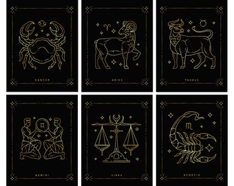Zodiac Astrology Print, Real Gold Foil Print, Gold On Black, Gift Idea, Horoscope Sun Moon Rising Aries, Scorpio, Cancer, Virgo, Sagittarius