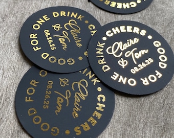 Gold Foil on Black Wedding Drink Tokens, Redeem for a Drink Coupon, Bar Voucher Ticket, Birthday Party Tokens, Good for One Drink, 50 QTY