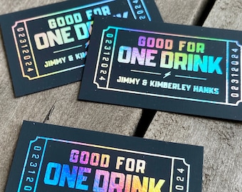 Gold Foil on Black Wedding Drink Ticket - Redeem for a Drink Coupon - Rainbow Bar Voucher Ticket, Birthday Party, Good for One Drink, 50 QTY