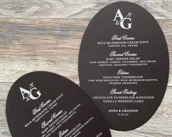 Black Stock Oval Menu Card - Black and White Menu - White Ink on Dark Stock Plate Card - Wedding Banquet - Wreath Event Menu - Plate Menu